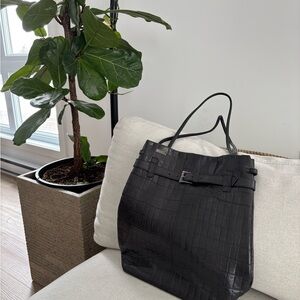 Black Croc-Embossed Genuine Italian Leather Tote Bag